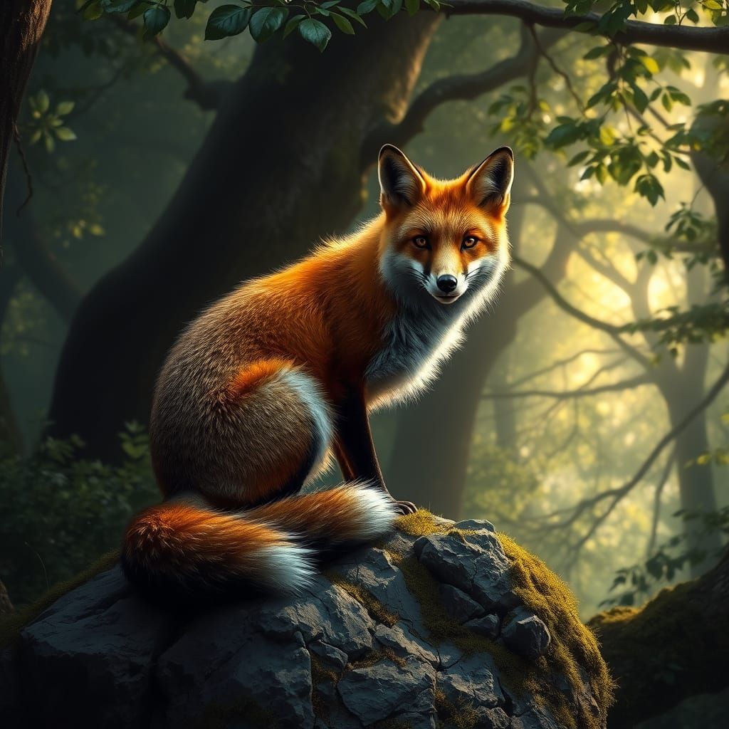 Detailed Fox Portrait on Mossy Rock in Ancient Forest