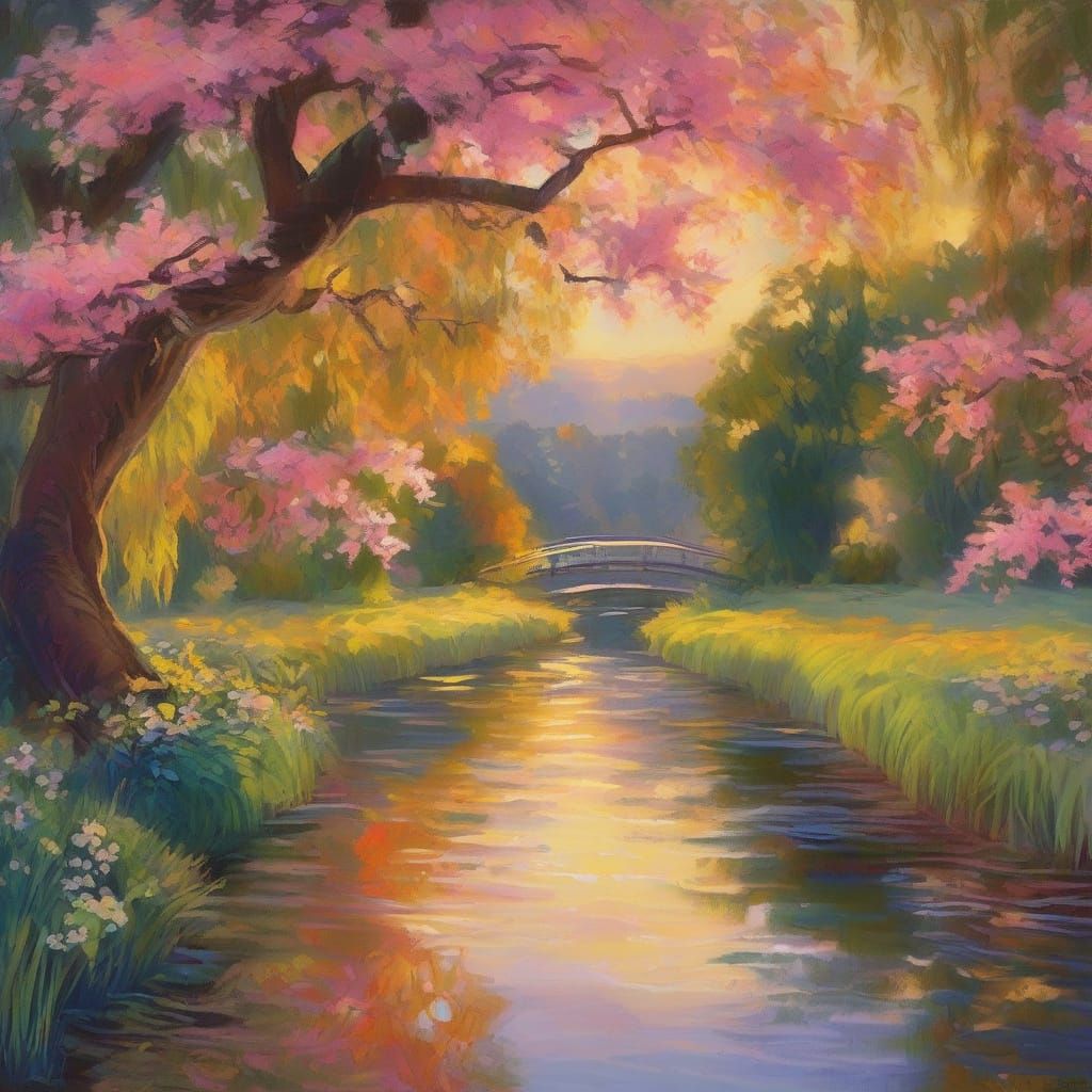 Romantic Bridge Scene in Dreamy Watercolor Style