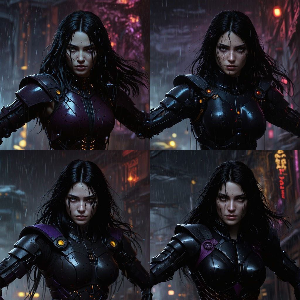 Dark Fantasy Cyberpunk Goddess Amidst Downpour of Robot Bloo...