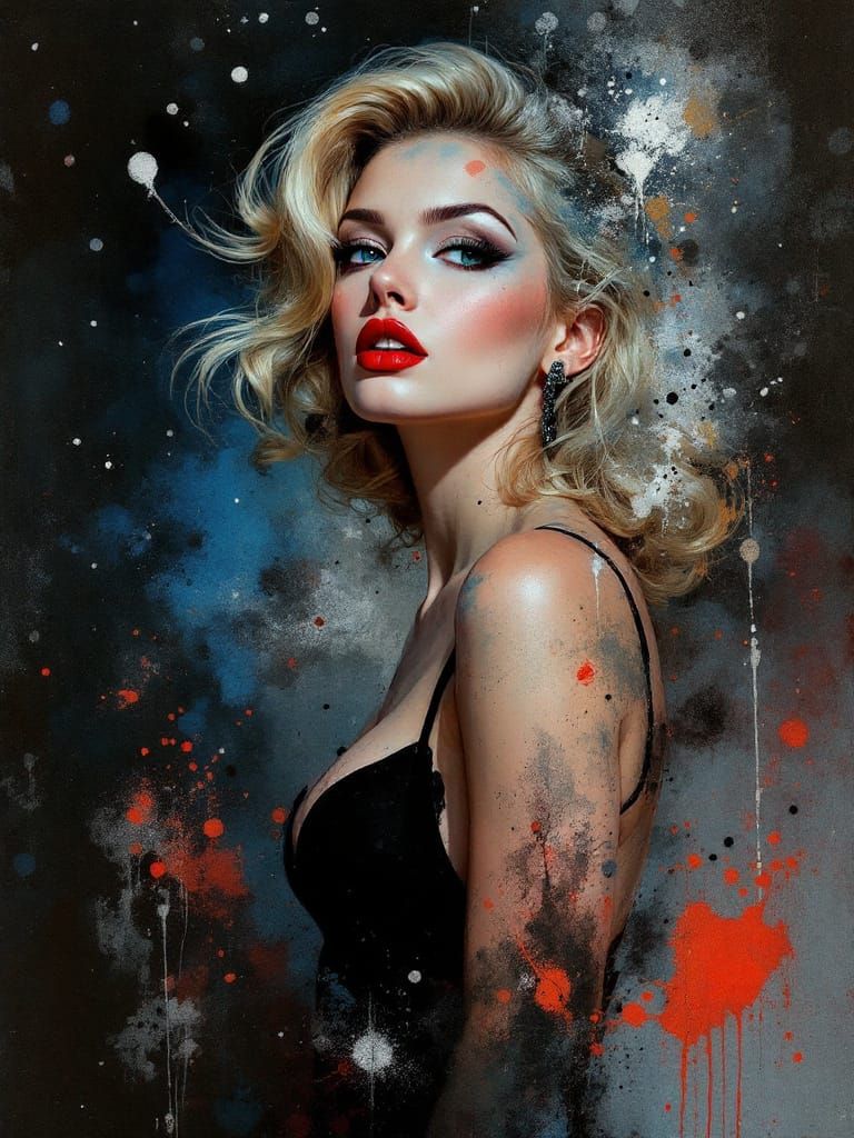 Pin-Up Woman Amidst Whiskey-Ink Splatter Art