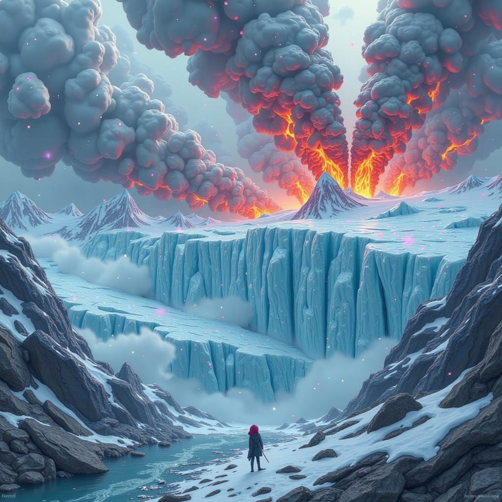 Glacier Collides with Volcano in Sci-Fi Landscape