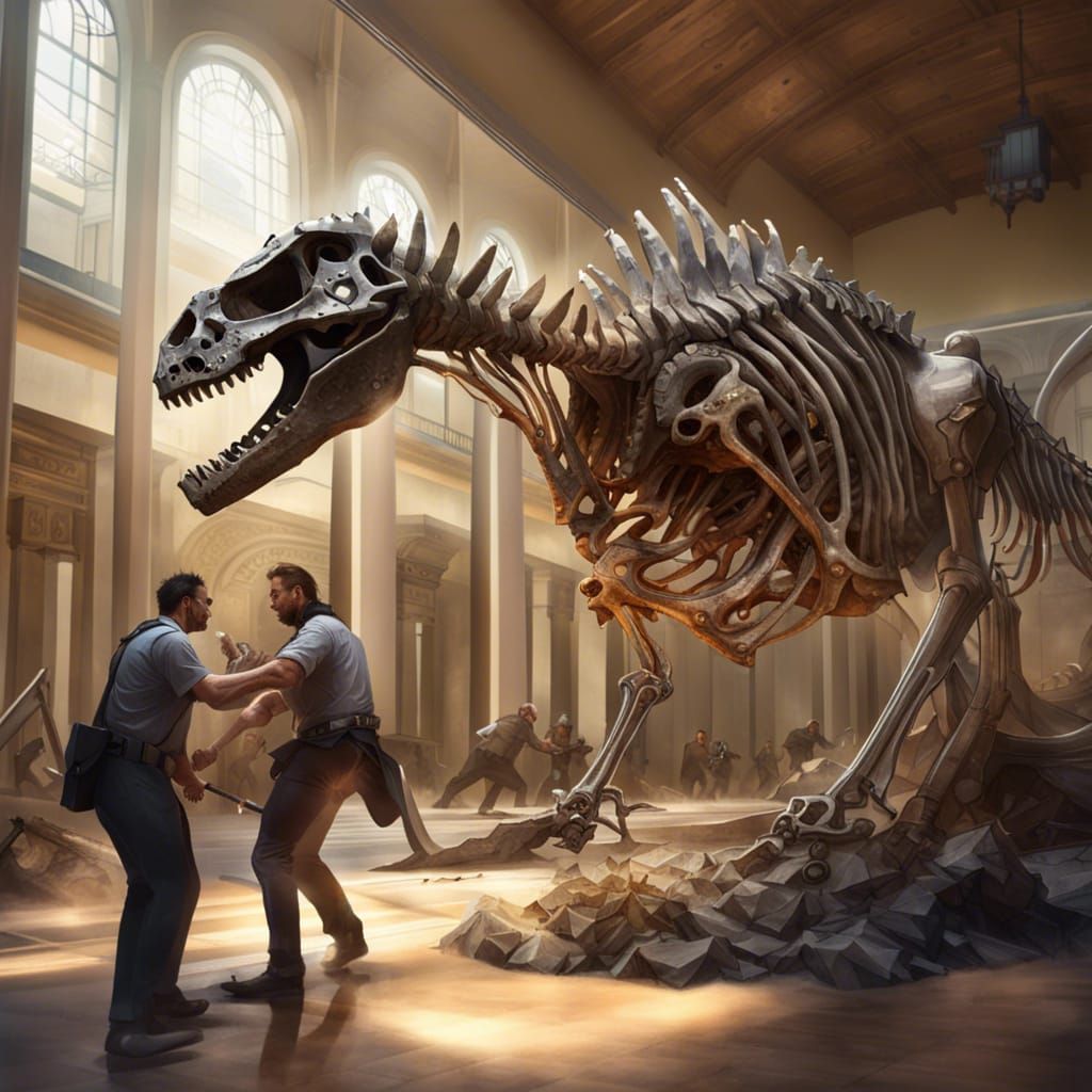 Knight Versus Dinosaur Skeleton in Museum