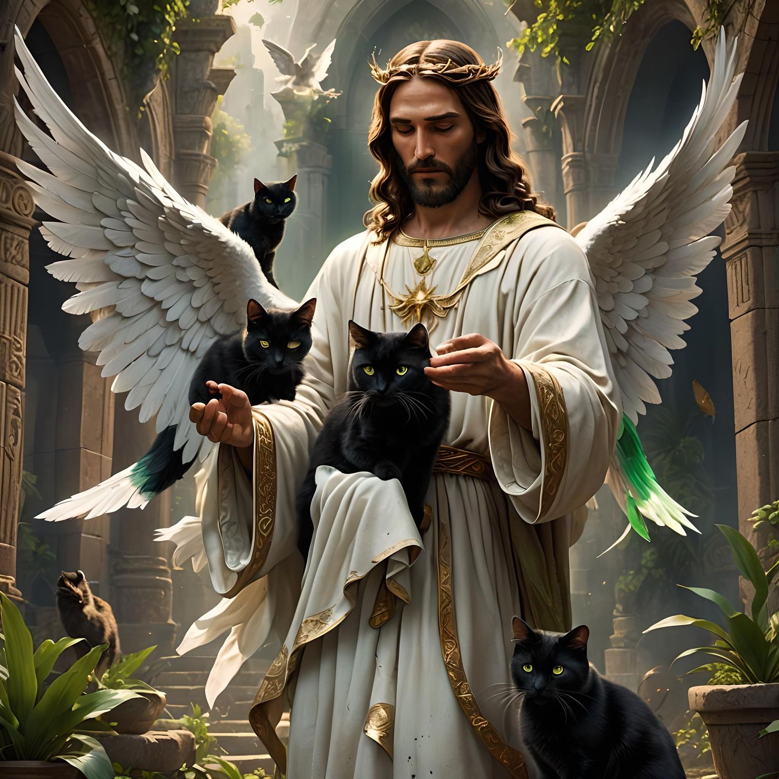 Jesus Patting Angel Winged Cat: Fantasy Art