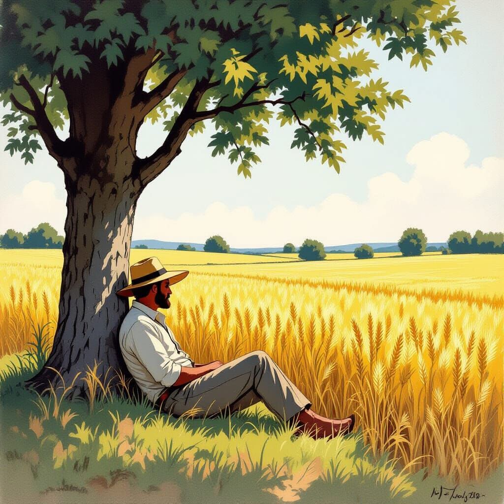 Farmer Resting in Wheat Field, Sketch Drawing Style