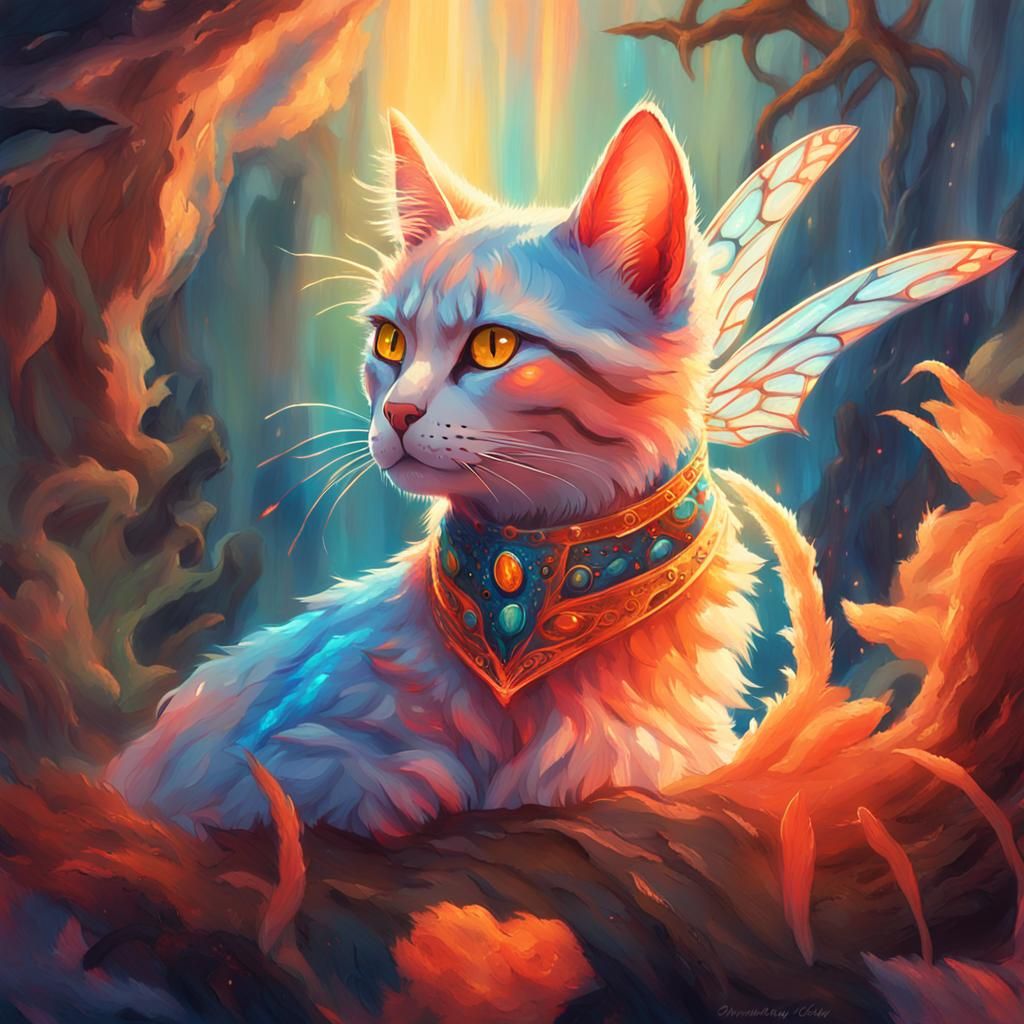 Fairy Cat Rides Dinosaur in Art Nouveau Style