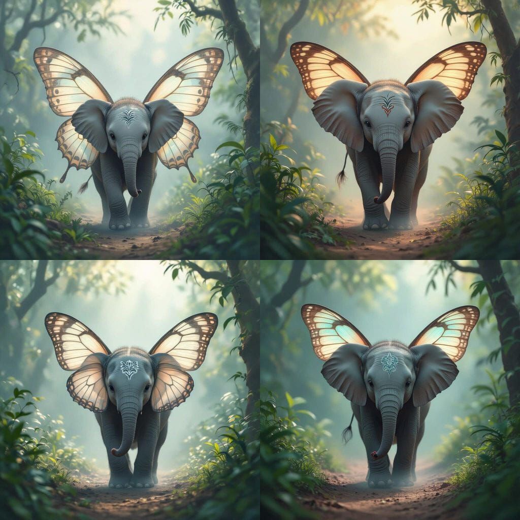 Baby Elephant With Butterfly Wings In Misty Jungle