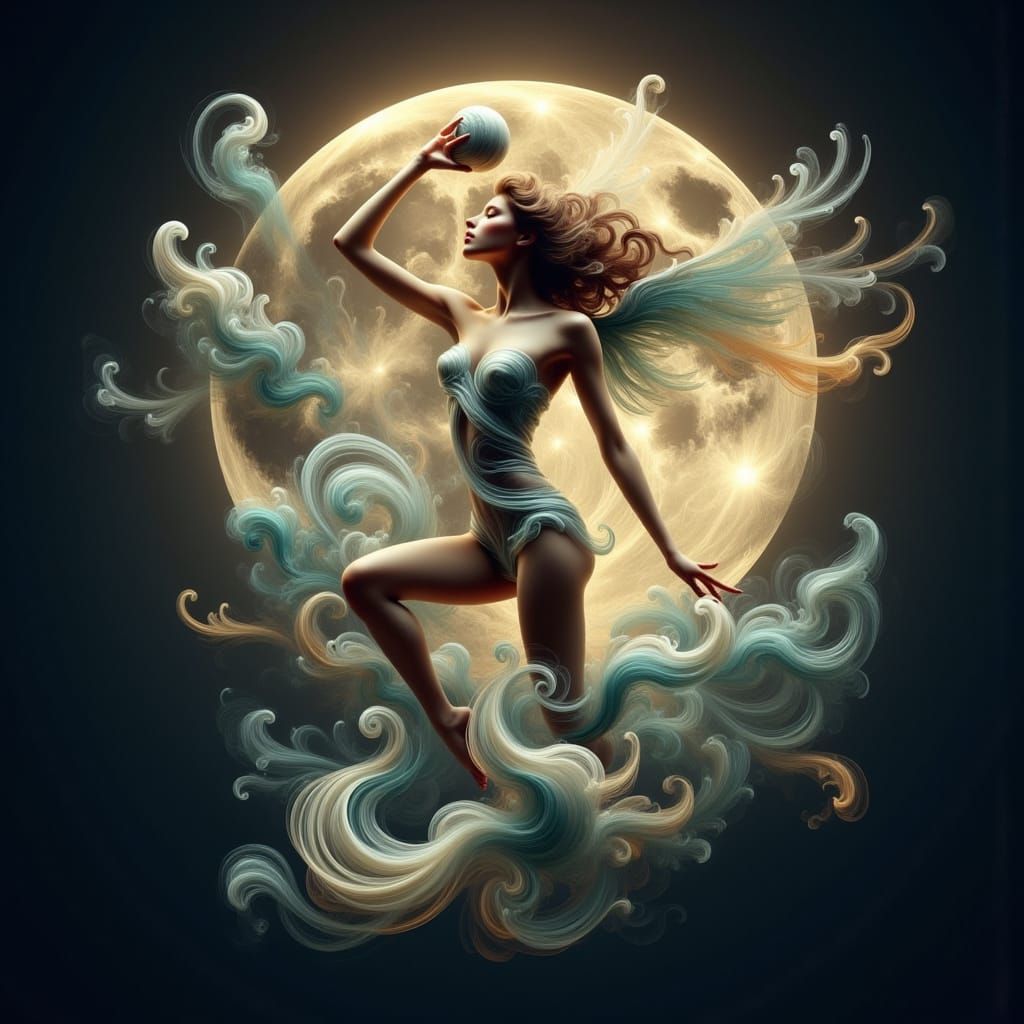 Angels Play Volleyball with Moon in Ethereal Style