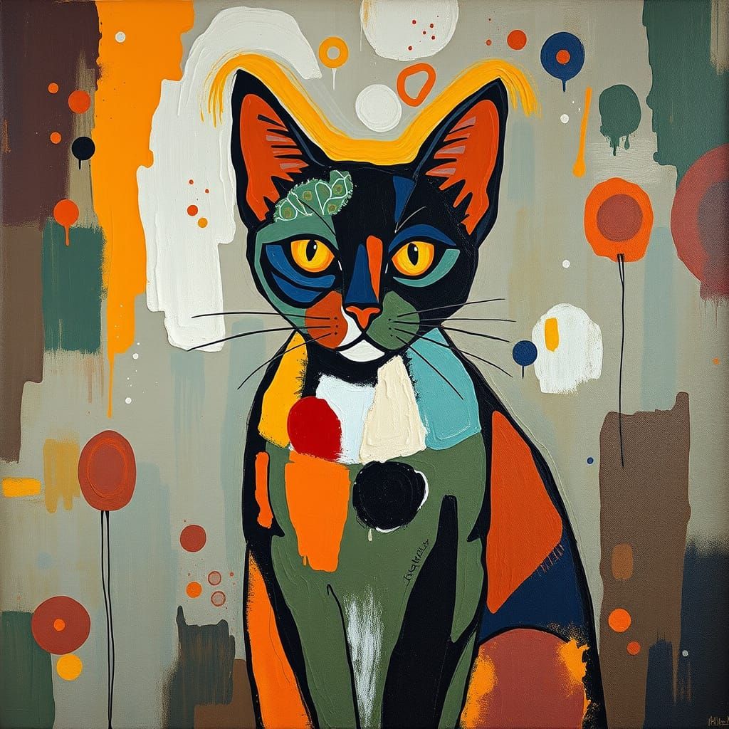 Abstract Feline in Vibrant West African-Inspired Cubist Styl...
