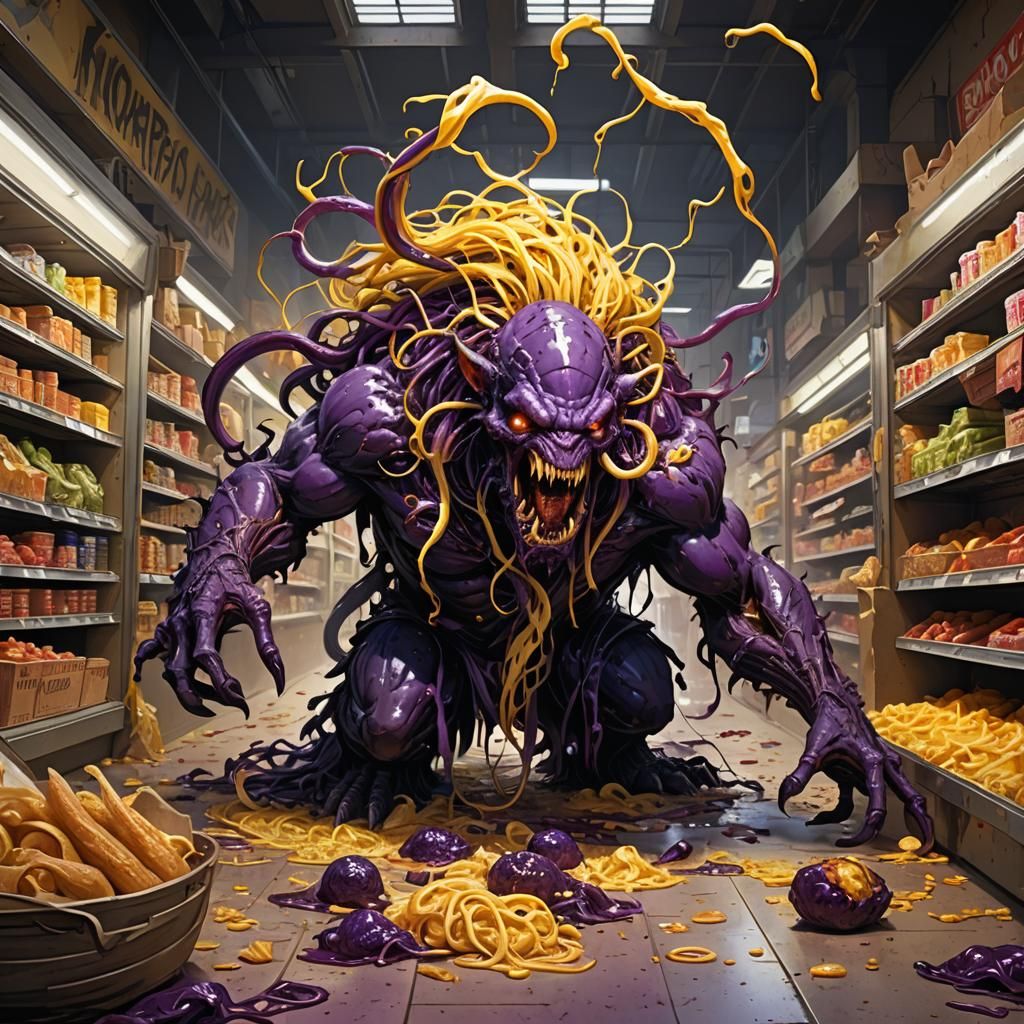 Killer Food Rampage in Grocery Store, Dark Fantasy Art