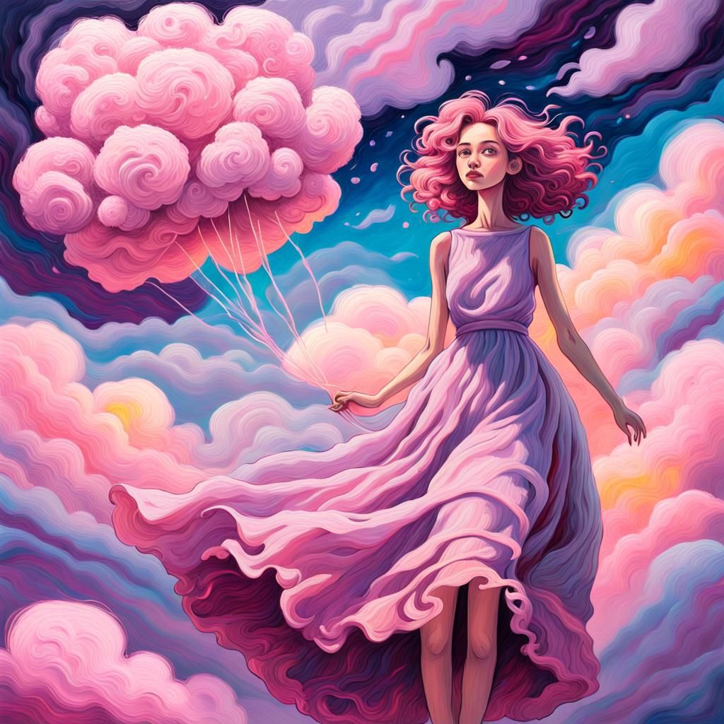 Candy Floss Haired Woman Floating in Sky