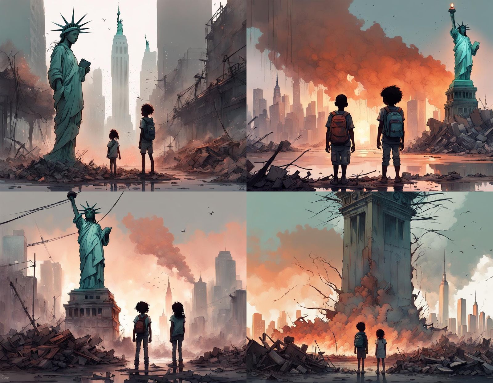 Post-Apocalyptic Children in Destroyed New York