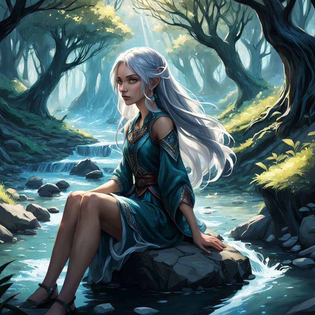 Fantasy Girl by Stream, Glowing Trees - Concept Art