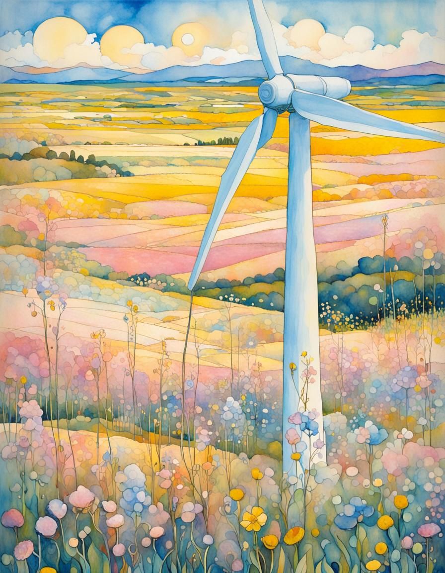 Wind Turbine in Prairie Landscape, Art Nouveau Style