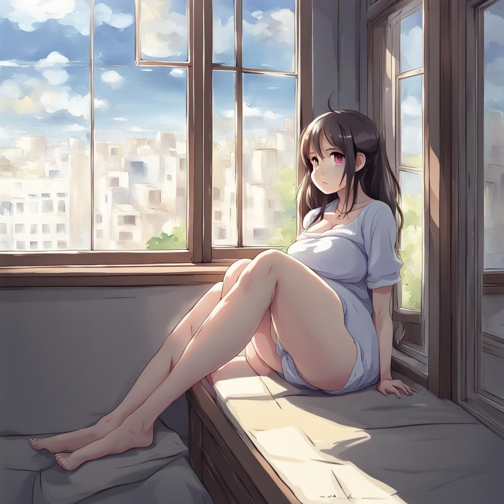 Pregnant Anime Girl in Window, Manga Style