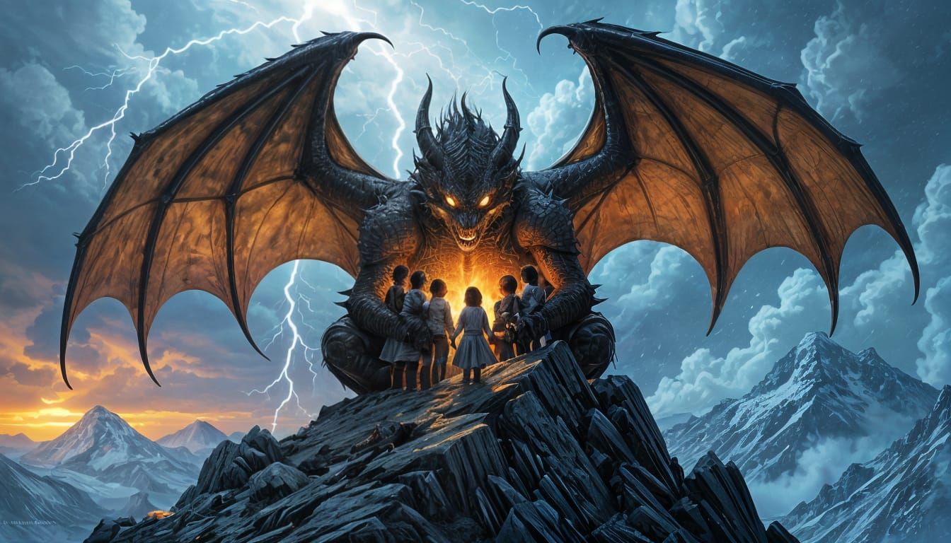Dragon Cradling Orphans Atop Windswept Mountain