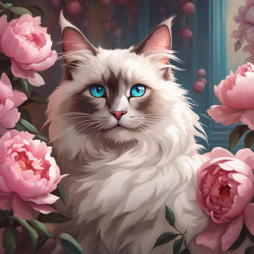 Ragdoll Kitten Portrait with Peonies, Hyperdetailed Art