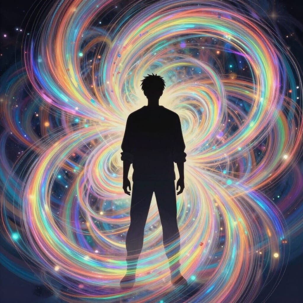 Man Silhouetted by Swirling Rainbow Wisps in Digital Illustr...