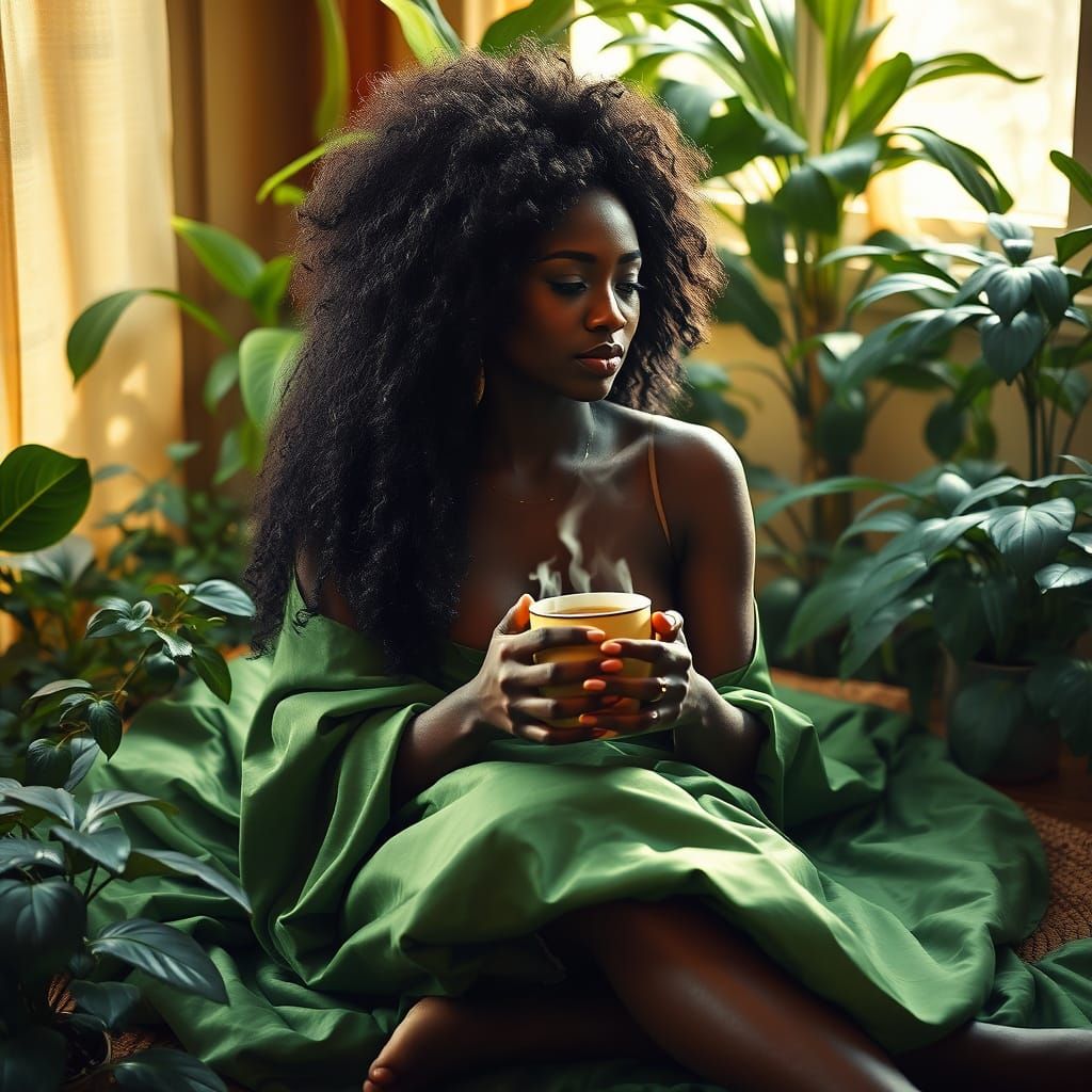 Serenity in Nature: Black Woman Surrounded by Greenery and W...