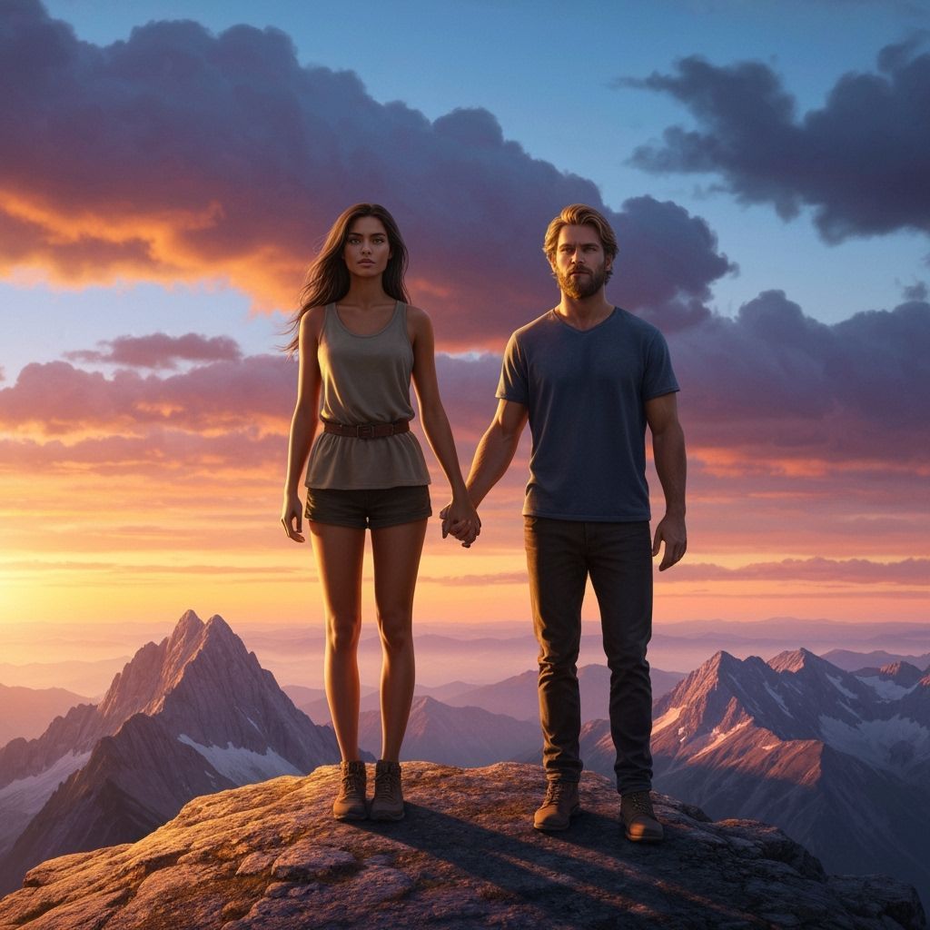 Couple Holds Hands on Mountain Peak at Sunset