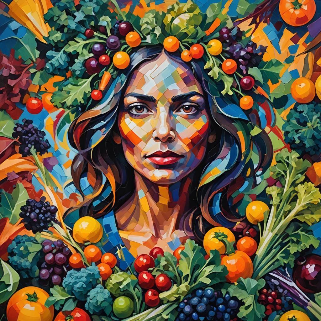 Abstract Expressionist Woman with Fruits and Vegetables