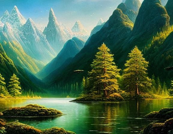 Elven Mountains in a Heavenly Realm, Oil Painting