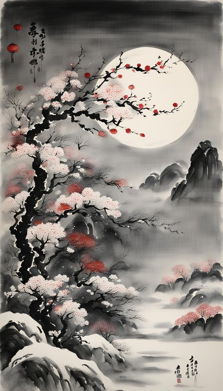 Chinese Ink Painting of Wind, Flowers, Snow, Moon