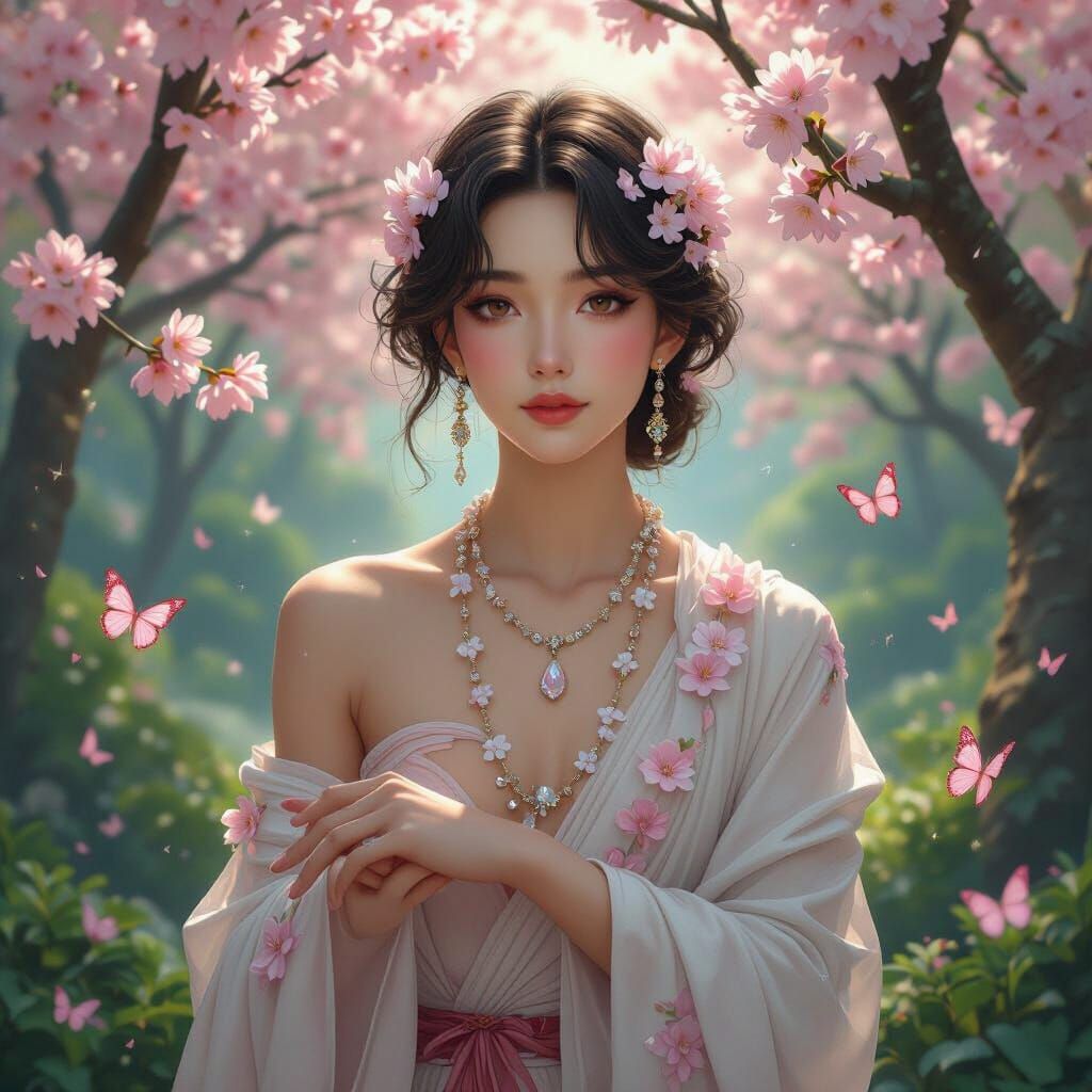 Androgynous Being in Blossom Garden, Digital Art Nouveau