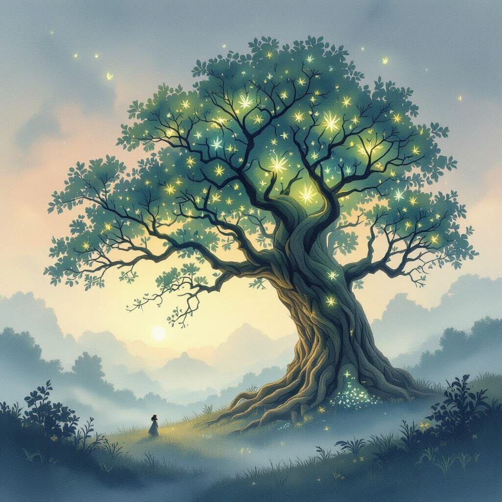 Ancient Bioluminescent Tree with Sprites in Misty Landscape