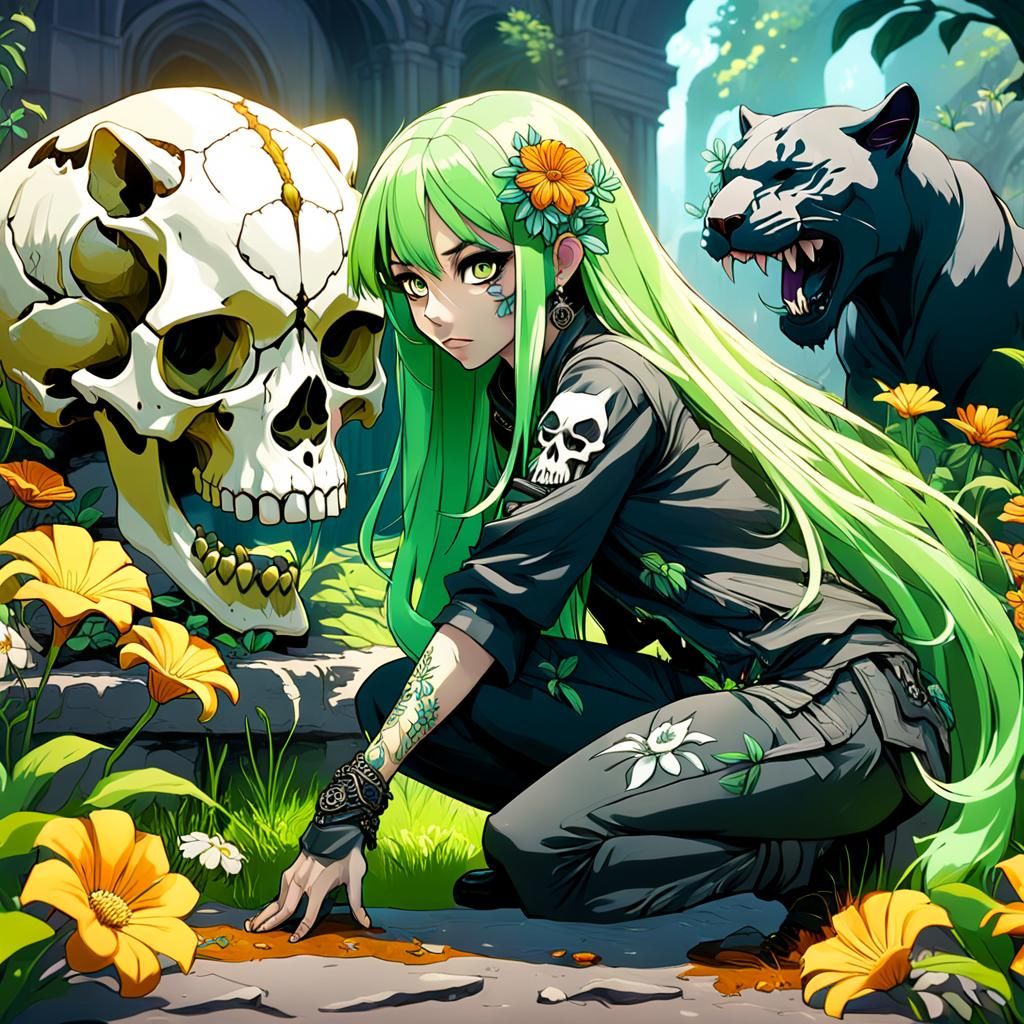Anime Girl with Panther Skull, Detailed Matte Painting
