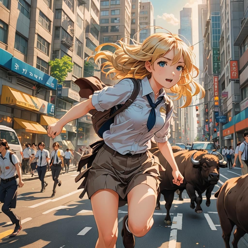 Anime Girl Rides Buffalo in City Street at Golden Hour