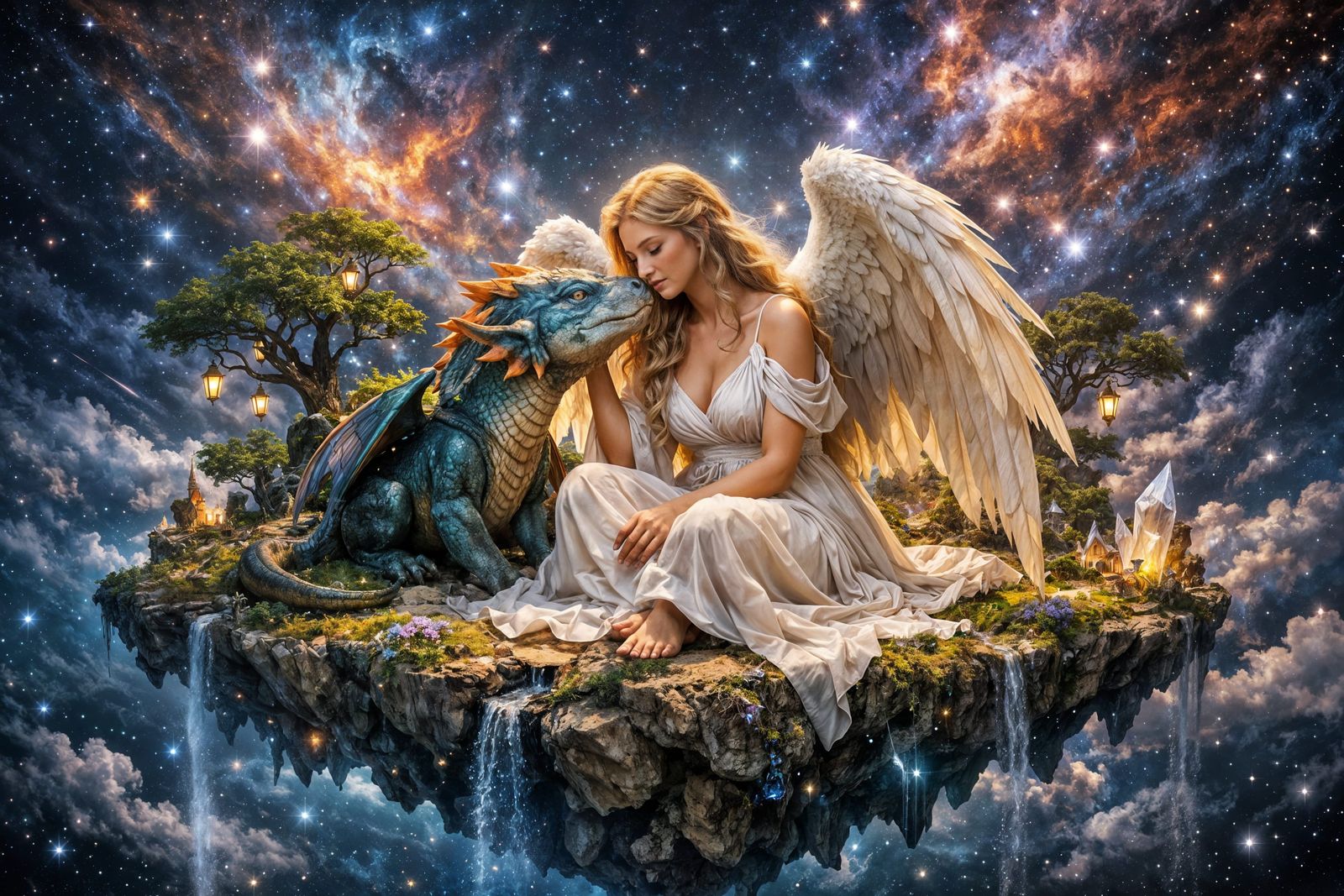 Surreal Angel and Dragon on Floating Island
