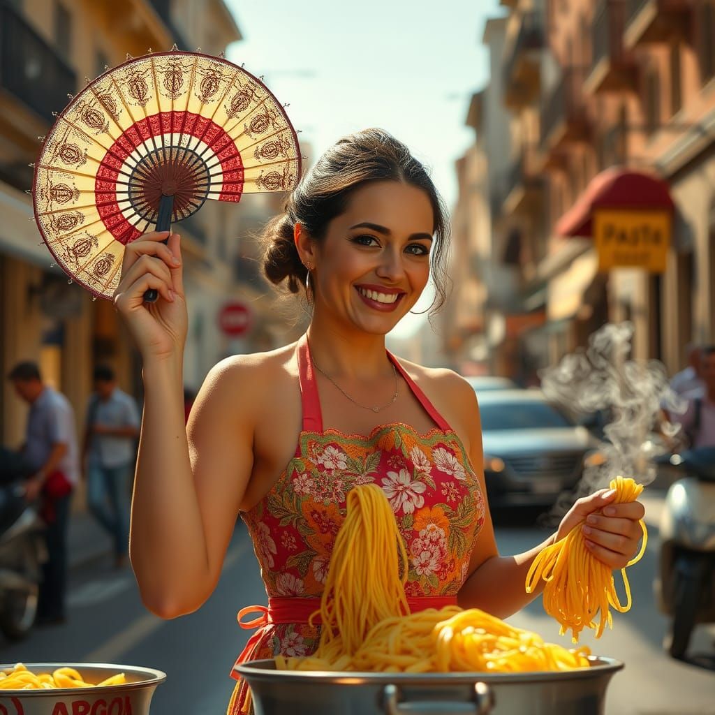 Pasta Chef's Cheerful Street Scene in Pop Art Style