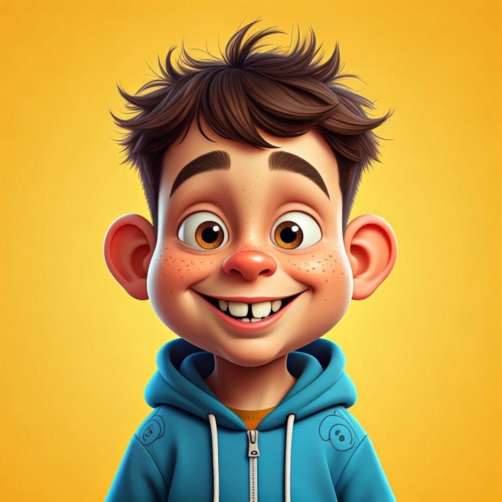 A 3D caricature of a young boy with exaggerated features, set against a vibrant yellow backdrop. He has a round, chubby ...