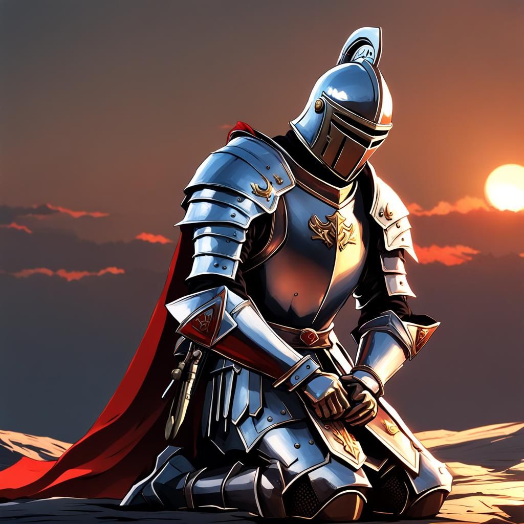 Kneeling Knight with Sword in Sunset: Anime Art