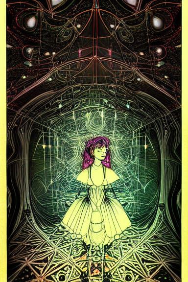 Psychedelic Victorian Alice: Fractal Dreamscape Illustration