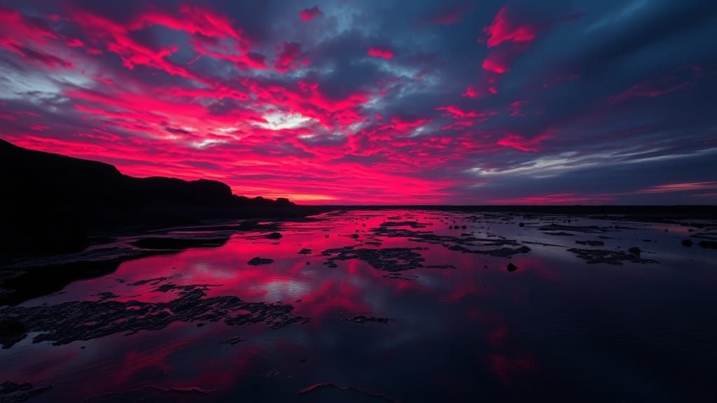 Dramatic Obsidian and Magenta Sky Over Wet Ground