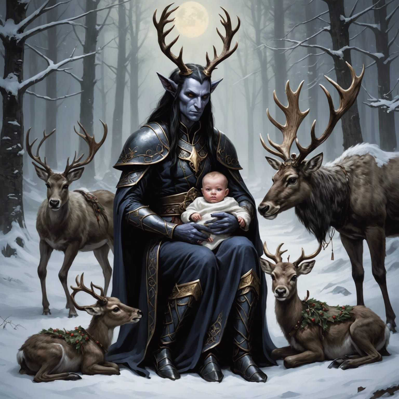 Dark Elves Nursing a Baby Reindeer