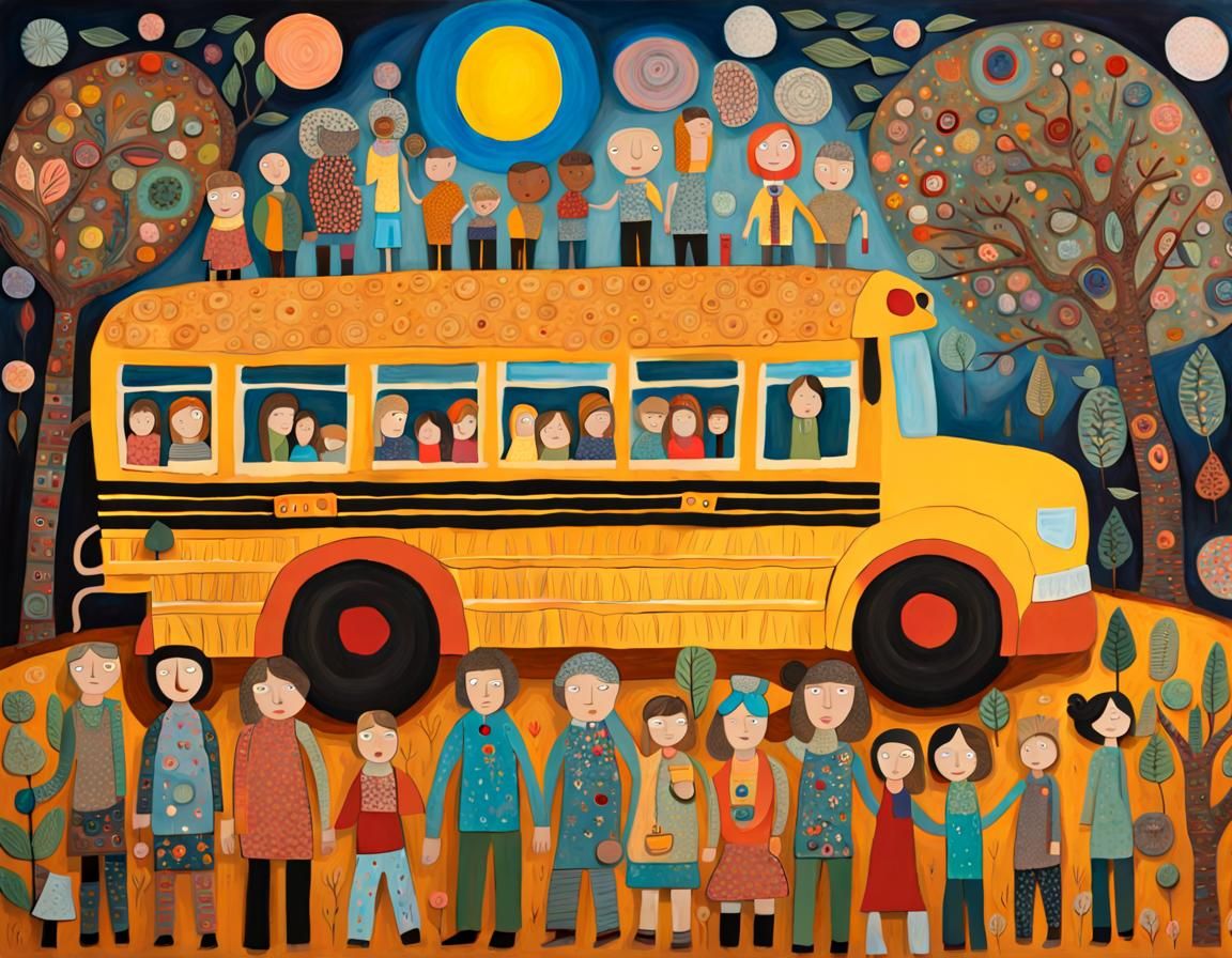 Whimsical School Bus in Folk Art Style