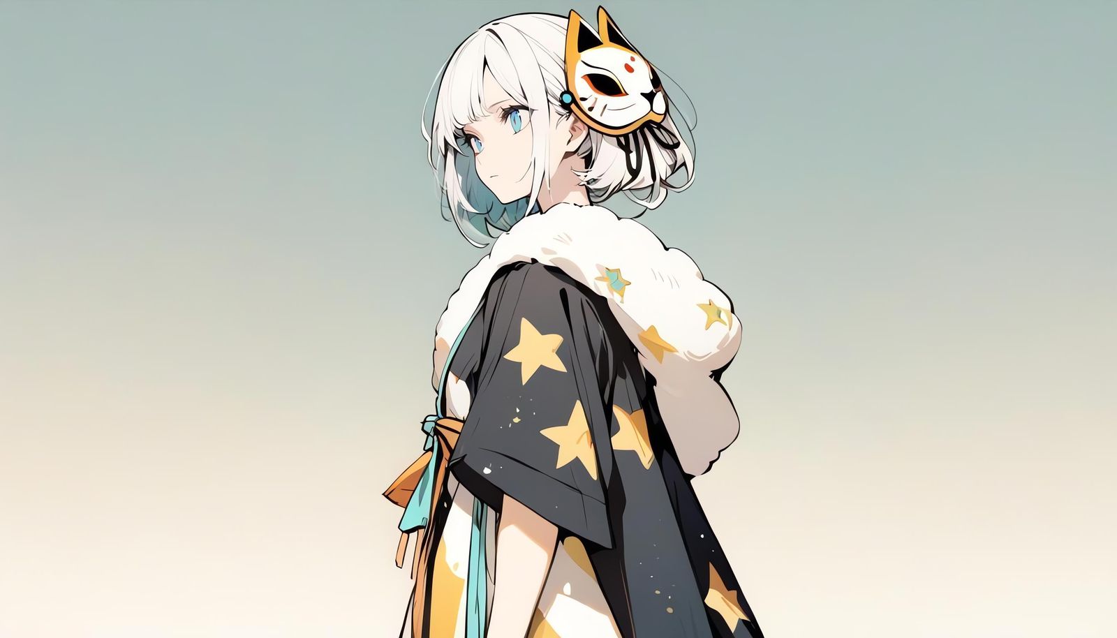 Girl in Kimono with Cat Mask on Aqua Background