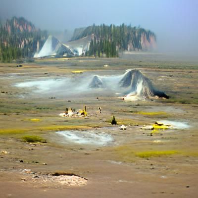 Geysers Erupting on Hazy Sulphur Flats