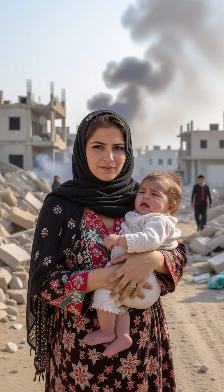 Distressed Women in Gaza with Crying Baby