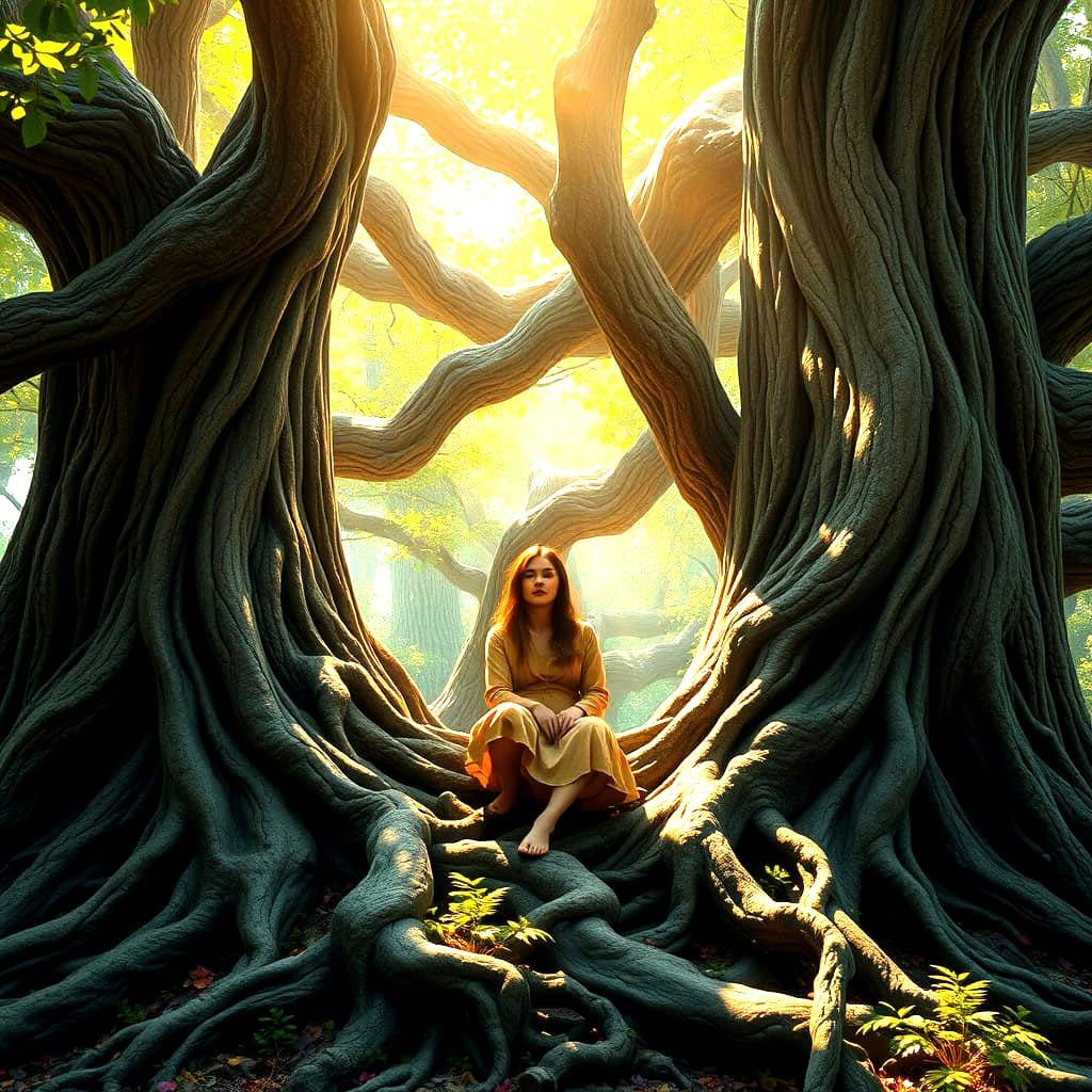 Fantastical Scene of a Person within a Tree's Hollow