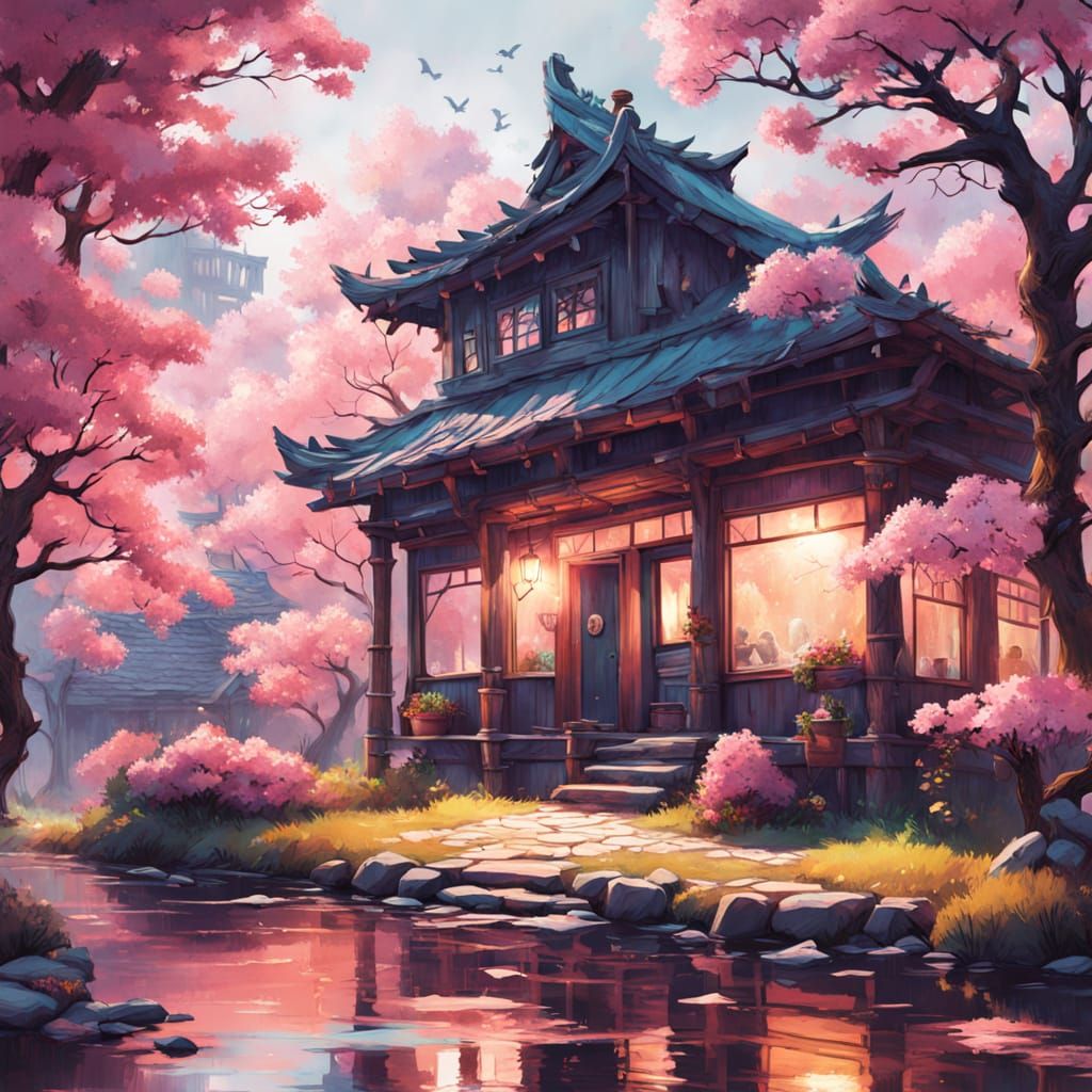 Dreamlike Cherry Blossom Portal in Ancient Stargate Style