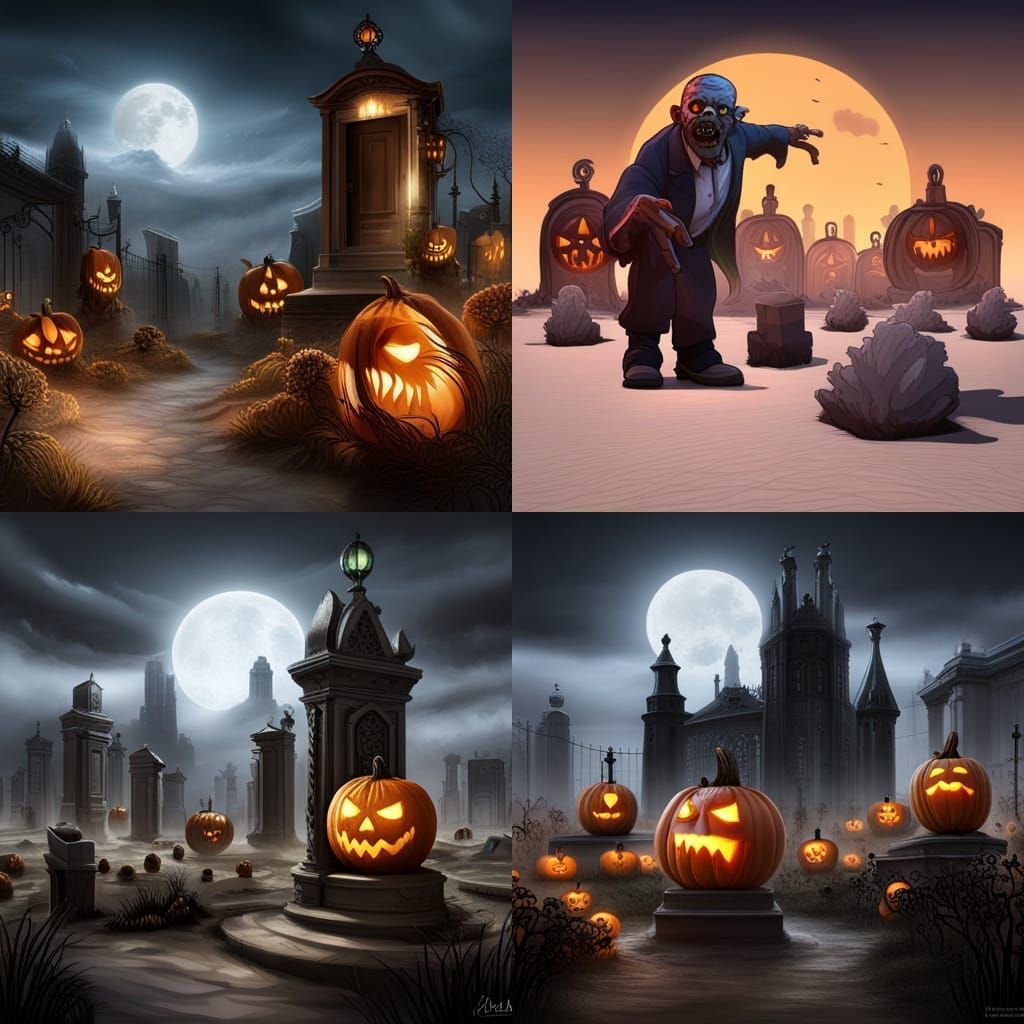 Graveyard Scene with Zombie and Jack-o-Lantern