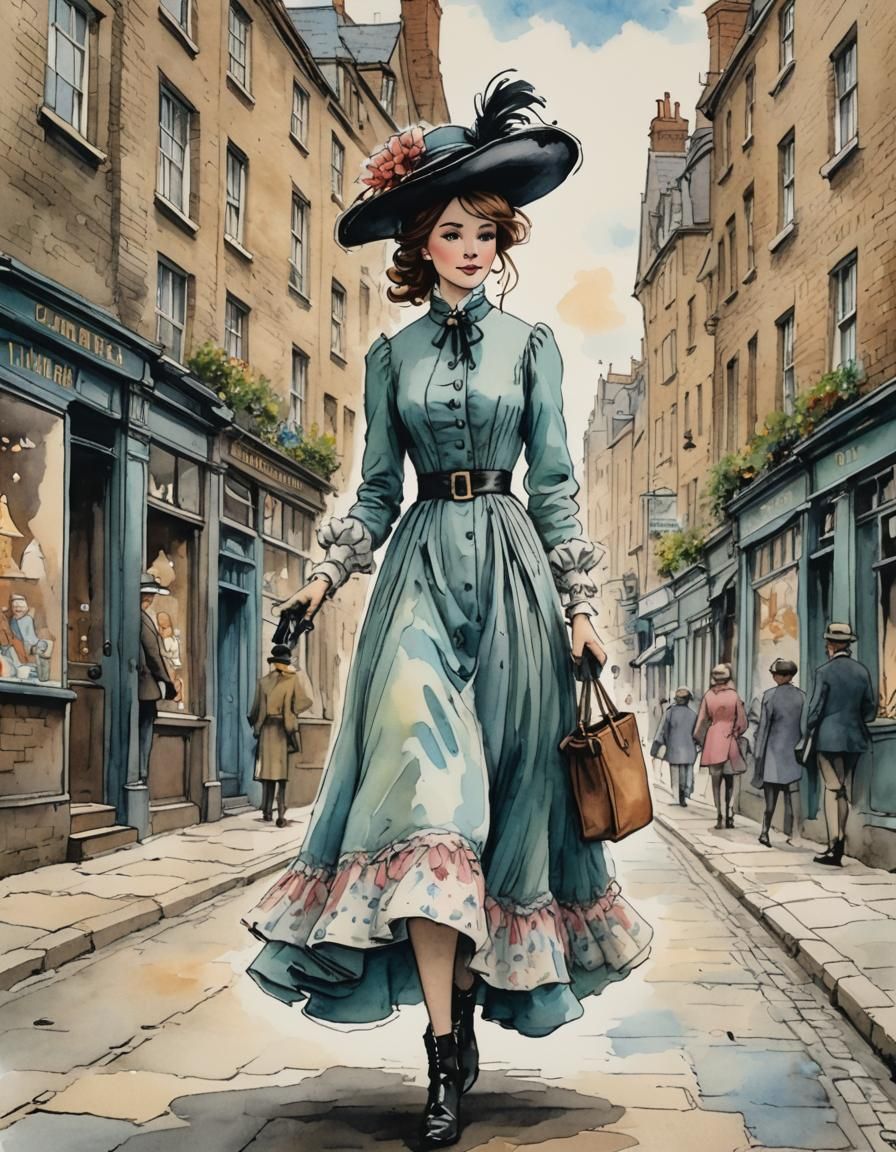 Victorian Woman's Whimsical Walk: Storybook Illustration