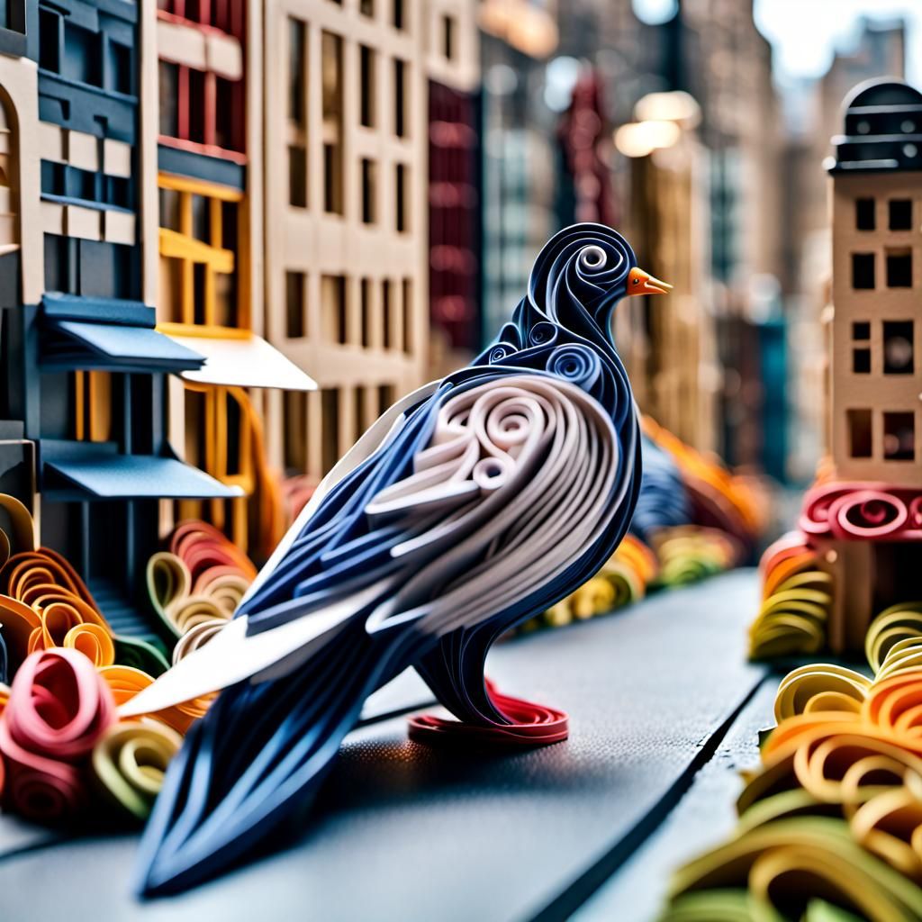 Paper Quilled Pigeon in City Street, Detailed Paper Art