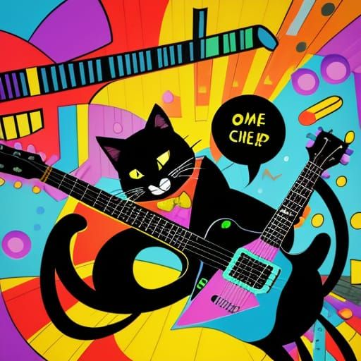 Smiling Cat Plays Guitar in 2D Cartoon Art