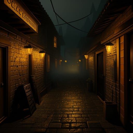 Mysterious Tavern Alleyway in Moody Cinematic Lighting