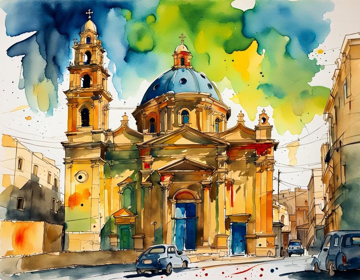 Mosta Dome Church in Watercolor, Quentin Blake Style