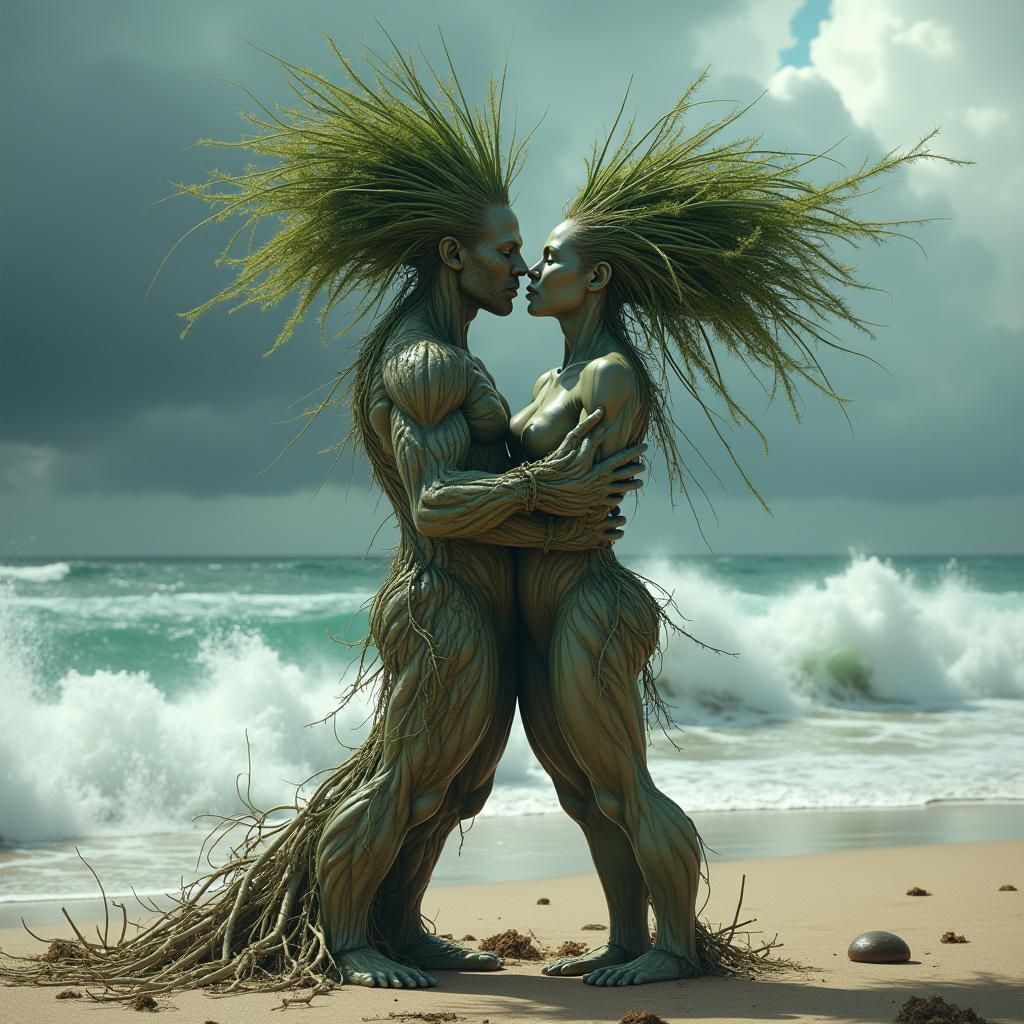Anthropomorphic Palm Trees Kiss in Storm, Hyperrealistic